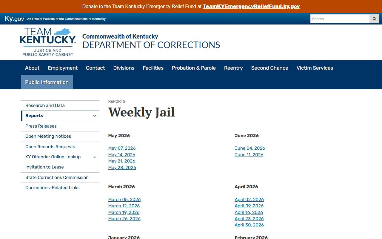 Boone County inmate population Kentucky DOC weekly jail report archive