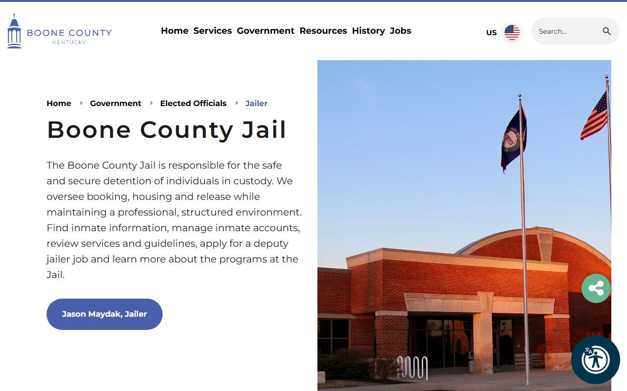 Official Boone County Jail page showing the jailer and contact information