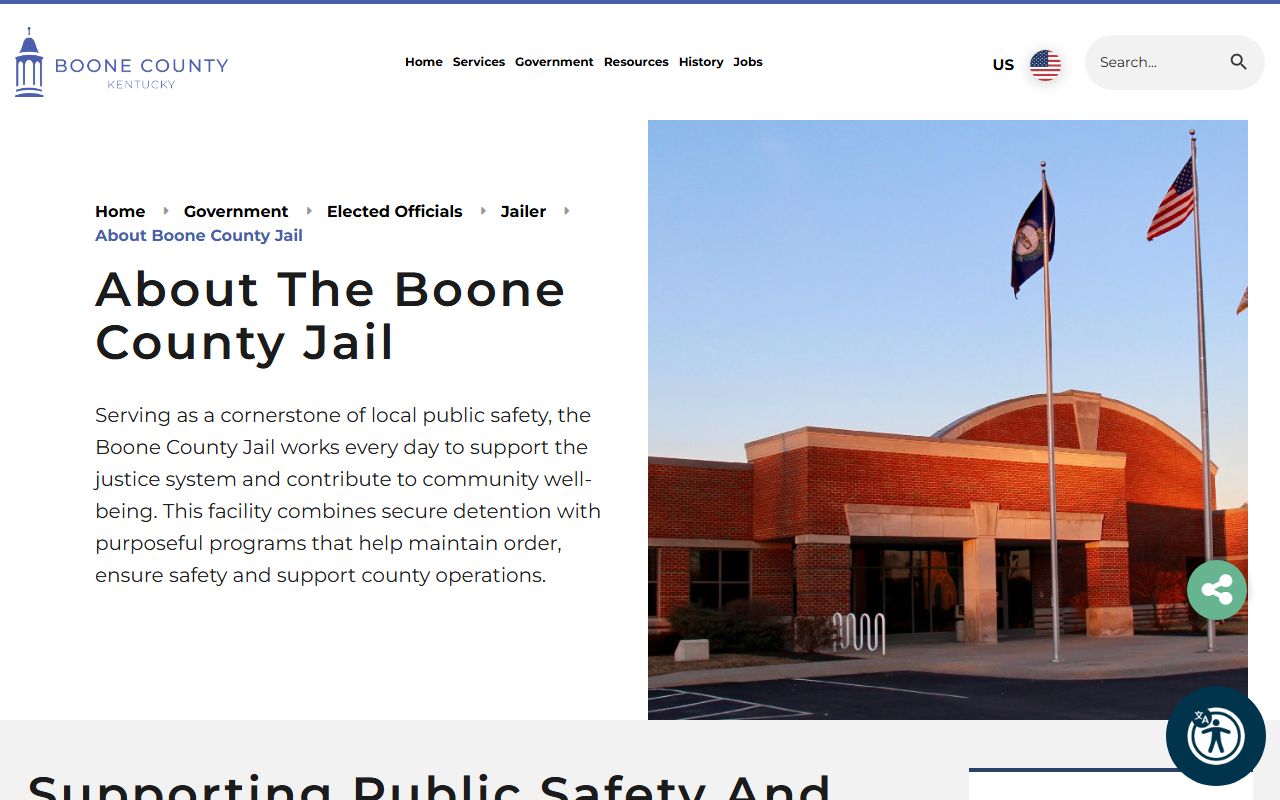 Boone County Jail about page showing Main Jail and Work Camp capacity information