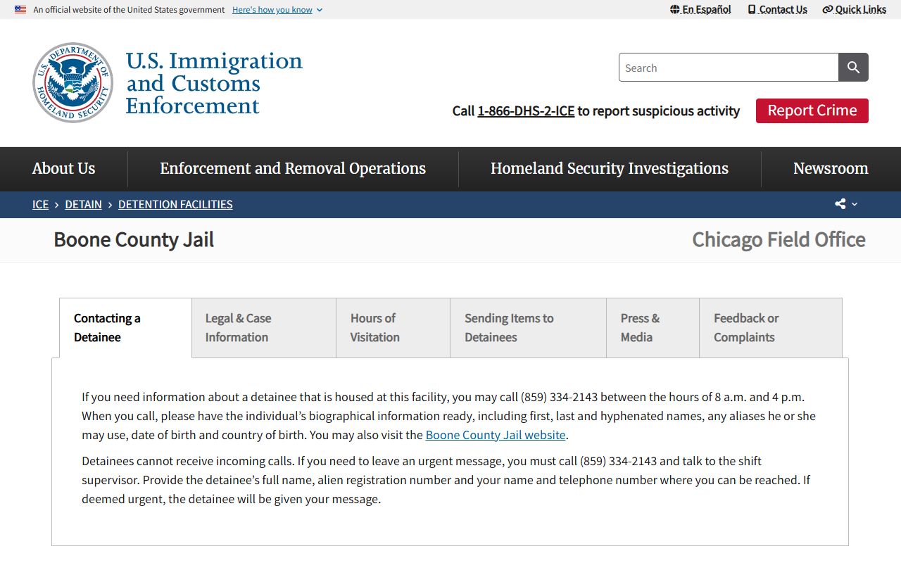 ICE detention facility page for Boone County Jail