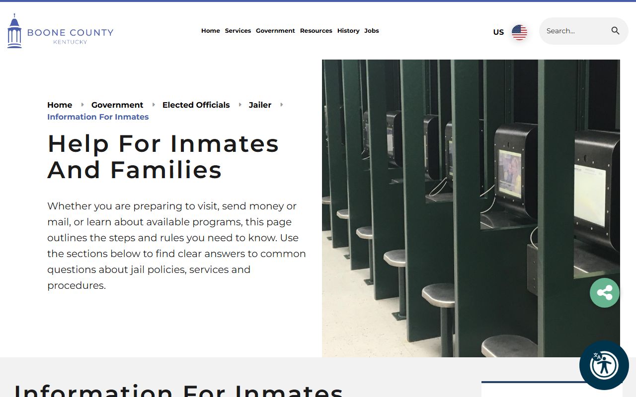 Boone County inmate information page with visitation, mail, and deposit instructions