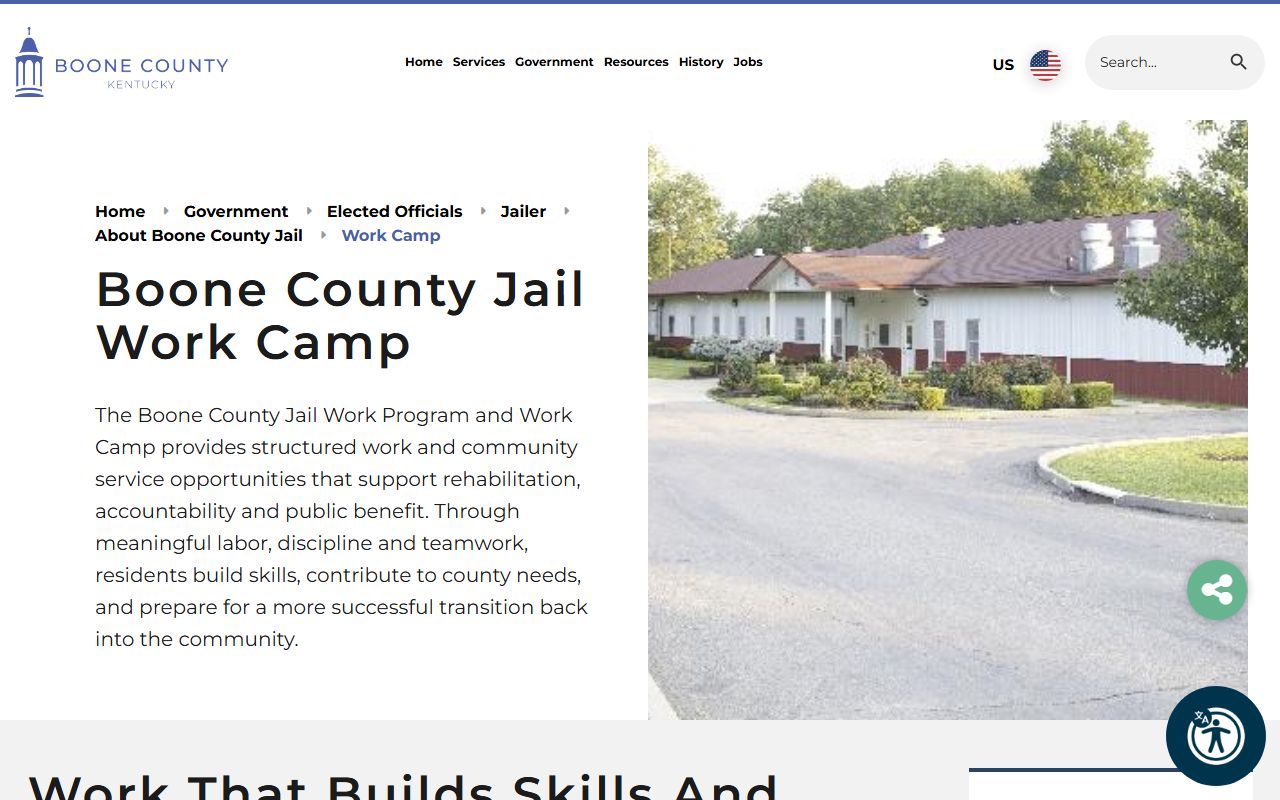 Official Boone County Jail Work Camp page with program information and facility photo